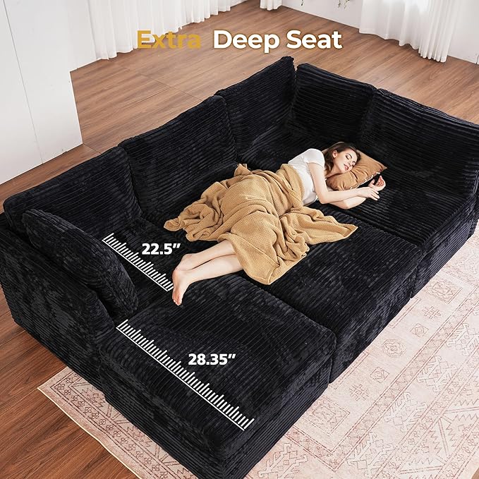 HOOOWOOO Modular Sectional Sofa,6 Pieces Sectional Couches for Living Room,98X98 L Shaped Cloud Couch with Ottoman Chaise Set(Black Velvet Corduroy)