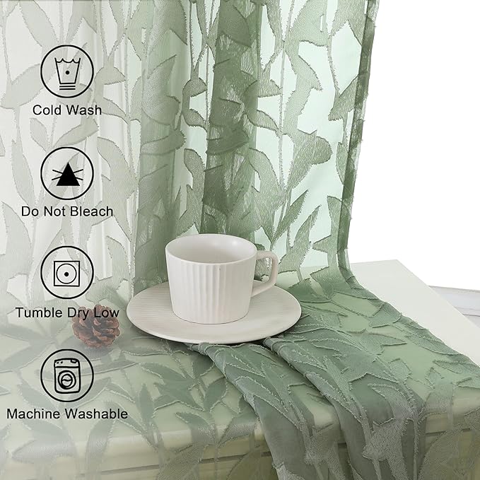 Lecloud Leia Sage Green Sheer Curtains 63 Inch Length 2 Panels, Light Filtering - Image 7