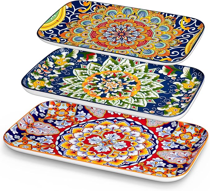 vancasso Serving Platters Set of 3, 16"/14"/12" Inch Rectangular Trays - Serving Platter Extra Large, Bohemian Ceramic Serving Dish for Entertaining Food, Microwave & Dishwasher Safe, Colorful