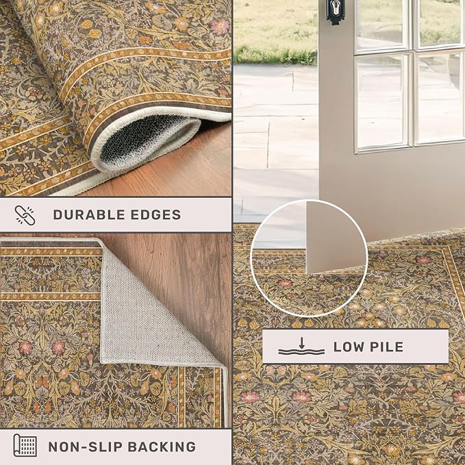 Vintage Gold Brown Entryway Rug, 3x4 Washable Area Rugs - Image 5