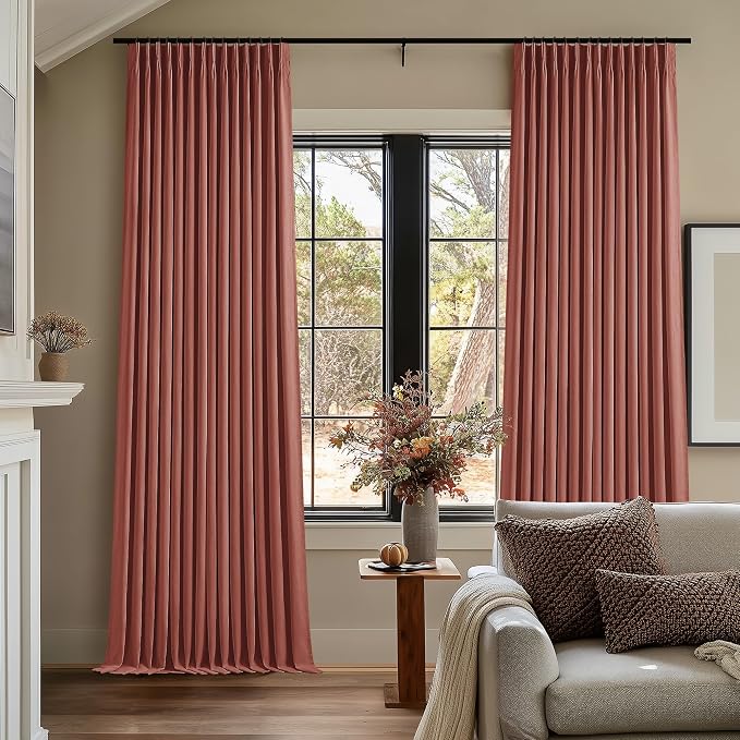 Terracotta Pinch Pleat 100% Blackout Linen Bedroom Curtains 96 Inch Length | - Image 8