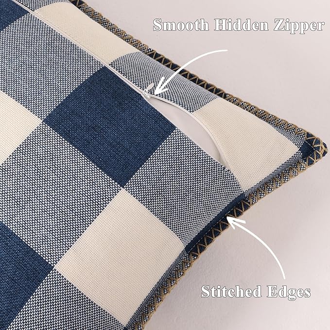 decorUhome Buffalo Plaid Check Throw Pillow Covers 18x18 Set of 2, Outdoor Decorative Farmhouse Neutral Pillow Covers with Stitched Edge for Bed Couch Sofa, Navy Blue and White