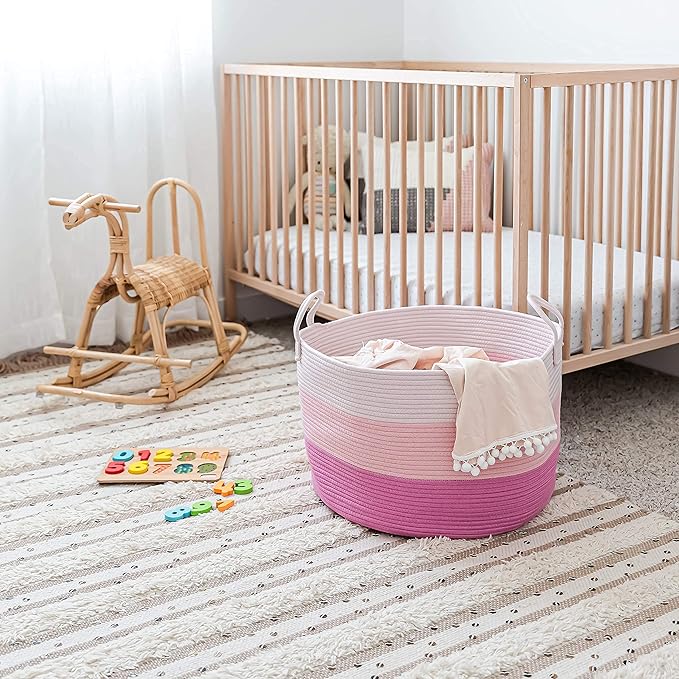OrganiHaus Toy Storage Basket for Kids, Large Cotton Rope Organizer Bin for Nursery, Toy Box, Blanket Holder, Baby Hamper for Living Room, Soft & Washable, 20x13 inches - Pink