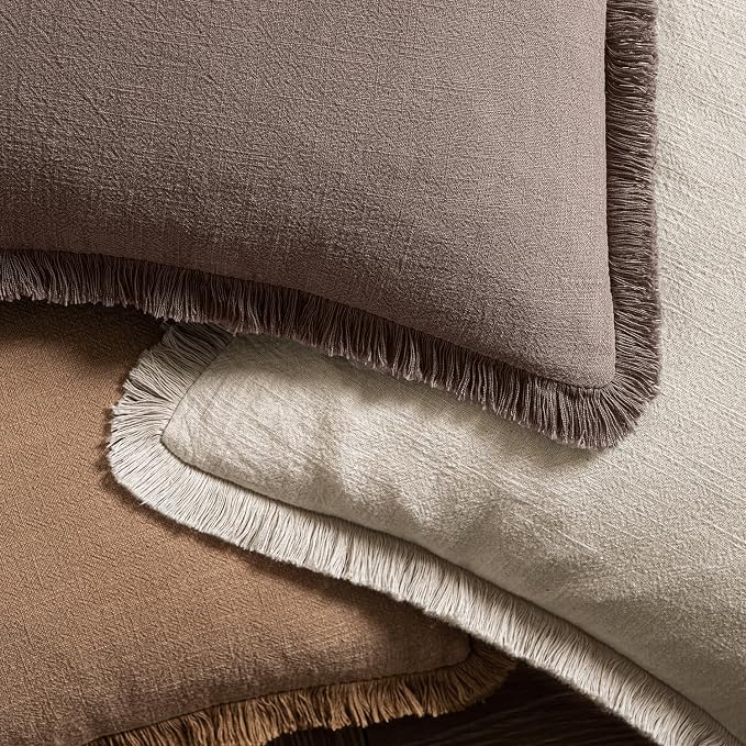 MIULEE Linen Fringe Decorative Fall Throw Pillow Covers Malt Ball 20x20 | Set - Image 4