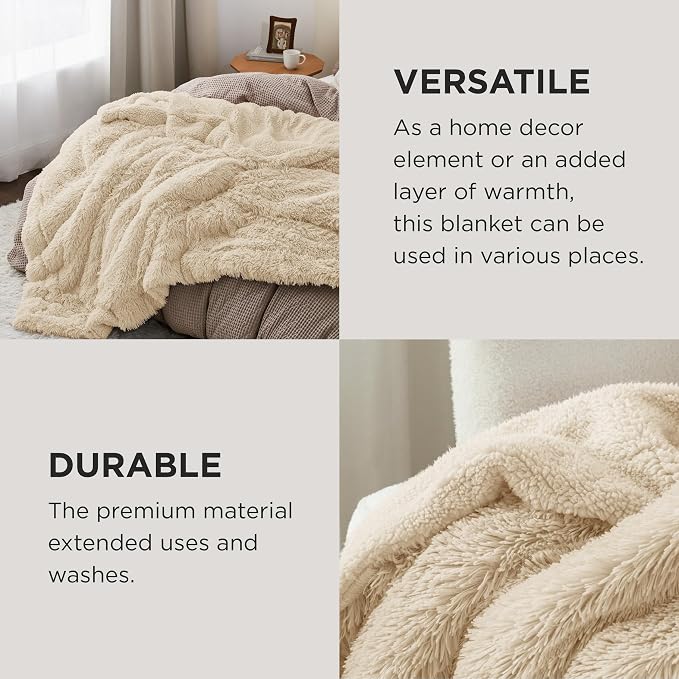 Bedsure GentleSoft Fuzzy Sherpa Faux Fur Blanket Beige Cozy Gifts - Image 4