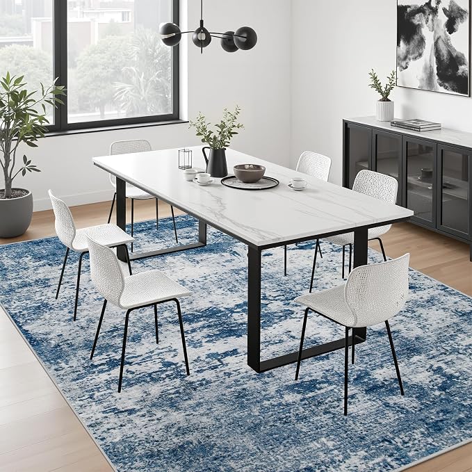 5x8 Area Rug Living Room: Modern Washable Indoor Soft Carpet Blue | - Image 3