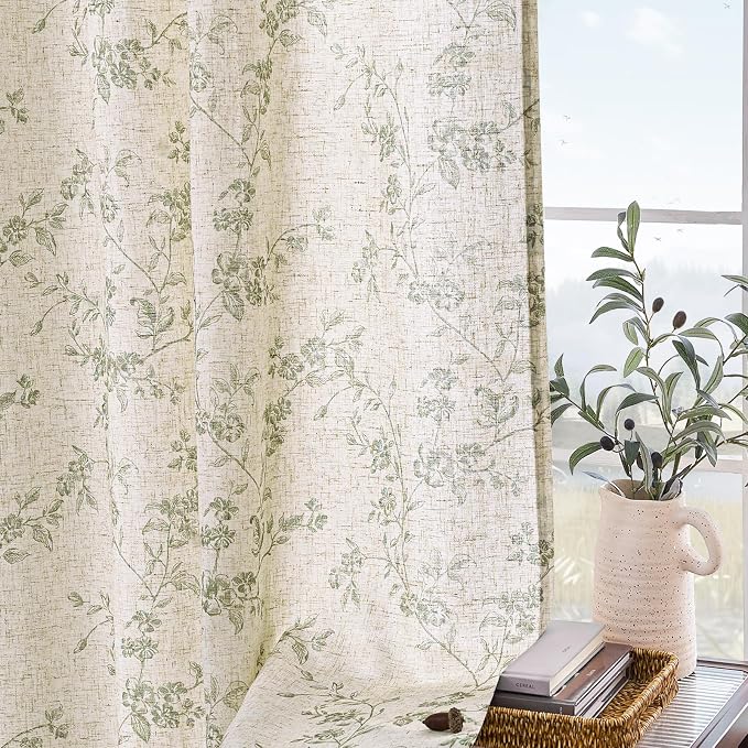 Lazzzy Green Floral Linen Curtains 90 Inch Farmhouse Back Tab Drapes - Image 8