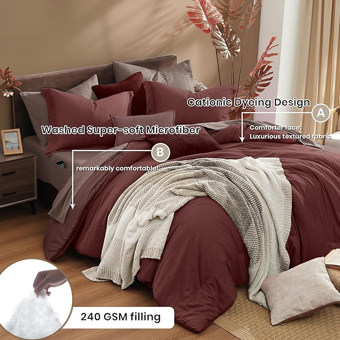 Monbix Queen Comforter Set - 7 Pieces Cationic Dyeing Dark Red Bed in a Bag Queen Bedding Sets with Comforter, Sheets, Pillowcases & Shams, Reversible Bedding Comforters Sets