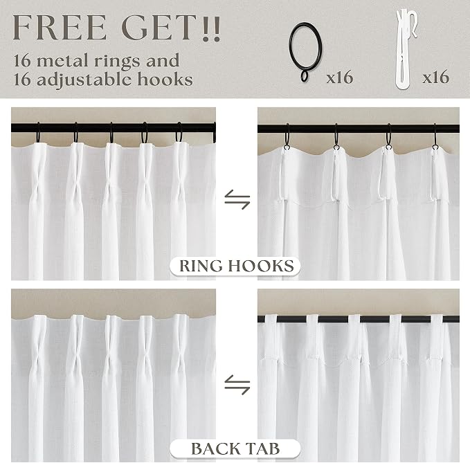 Extra Long Pinch Pleated Linen 120 Inch Curtains 2 Panels Set Snow White | - Image 5