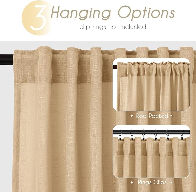 Tan Linen Curtains for Living Room Back Tab Modern Farmhouse Semi Sheer Tan - Image 2