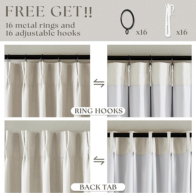 Natural Linen 100% Blackout Pinch Pleated Curtains 112 Inch Long | Room - Image 6
