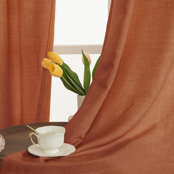 Terracotta Linen Curtains for Living Room 102 Inch Length 2 Panels | Rust Fall - Image 3