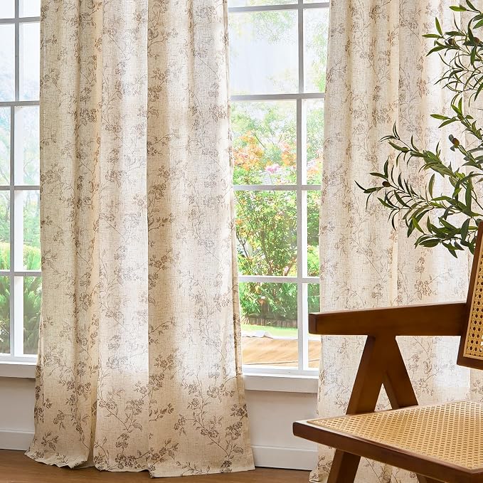 Lazzzy Taupe Floral Linen Curtains 84 Inch Farmhouse Back Tab Drapes - Image 8