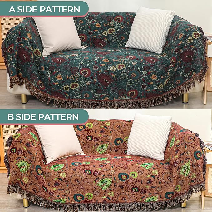 Boho Fall Throw Blanket for Bed，100% Ultra Cotton Soft Breathable Bed Throw Floral Printed Farmhouse Decor Rustic Bed Throws for Couch Sofa Quilt 90" x 98"