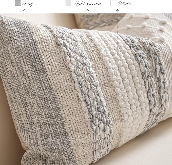 Gray Boho Decorative Throw Pillow Cover 22x22 Square Farmhouse Accent Cushion - Image 3