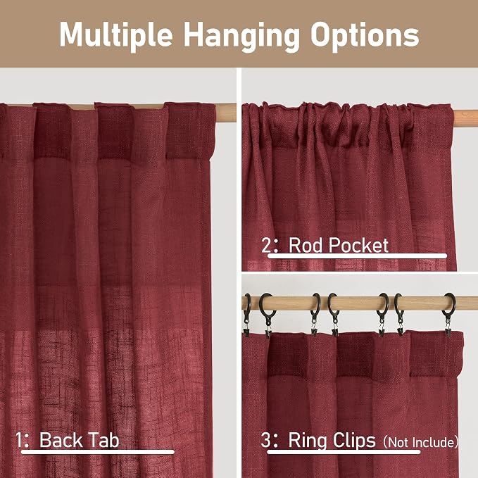 54 Inch Semi Sheer Window Linen Curtains, Light Filtering Panels | Faux Linen - Image 3
