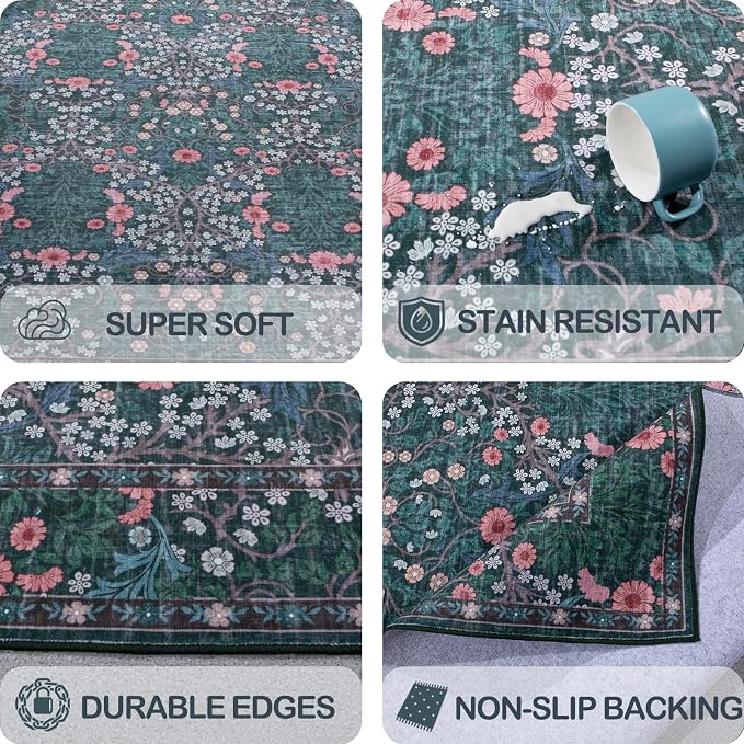 Vintage Green Living Room Rug, 8x10 Washable Area Rugs - Image 7