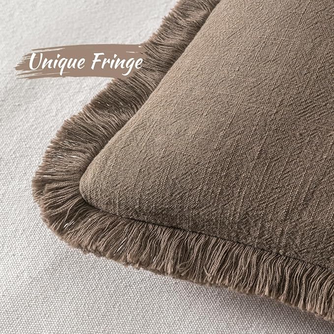 MIULEE Linen Fringe Decorative Fall Throw Pillow Covers Cocoa Brown 16x16 | Set - Image 3