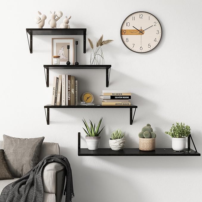 Fun Memories 40 Inch Floating Shelves, 10 Inch Deep Wall Shelf, 40 x 10 Floating Shelf Set of 2, Black Wood Floating Shelf Wall Mounted, Large Kitchen Living Room Bedroom Storage Shelves