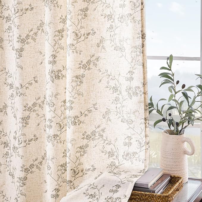 Lazzzy Farmhouse Linen Curtains Gray Floral Curtains 96 Inch Long Back Tab - Image 8