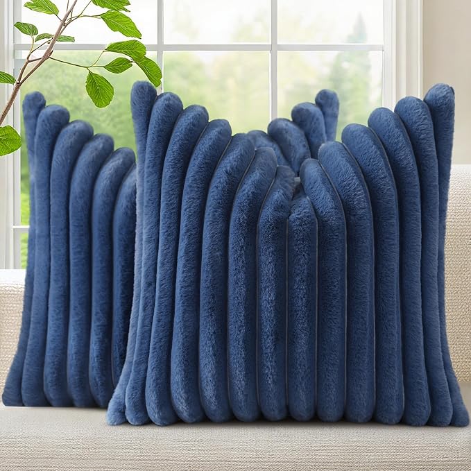 decorUhome Fall Faux Fur Throw Pillow Covers 22x22 Set of 2 Navy Blue | by decorUhome