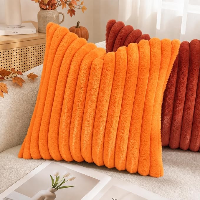 decorUhome Fall Faux Fur Throw Pillow Covers 16x16 Set of 2 Orange | Decorative - Image 6