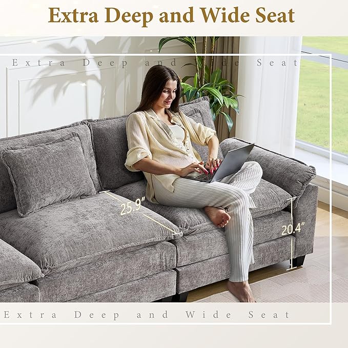 URRED Modular Sectional Sofa Comfy Cloud Couch, Modern Chenille Sofa Sleeper Deep Seat Couches with Ottoman/Pillows for Living Room (Gray, 117'' - U Shape)