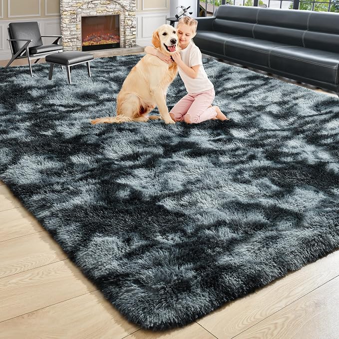 Noahas 4x6 Tie-Dyed Black and Grey Fluffy Area Rug Non-Slip by ModernHomeDecor