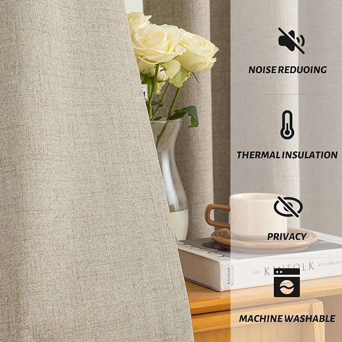 Yakamok Natural Linen Curtains 100% Blackout 63 Inches Long, Room Darkening - Image 5