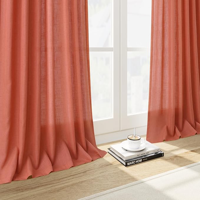 Coral Linen Curtains 120 Inches Long 2 Panels Set Back Tab Loop Pocket Light - Image 6