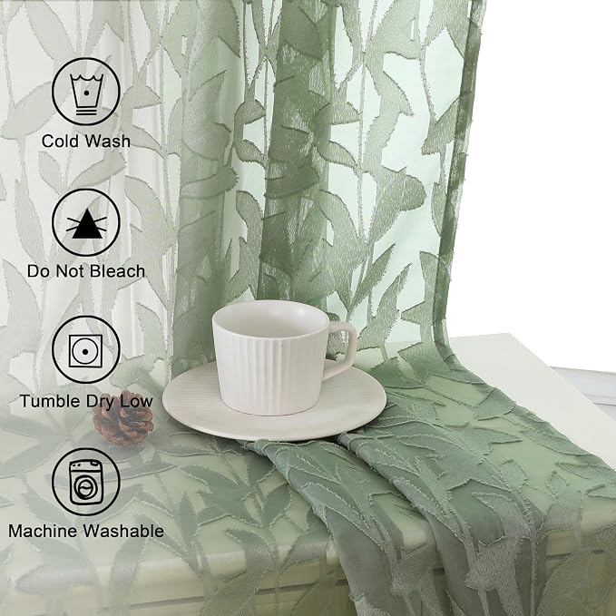 Lecloud Leia Sage Green Sheer Curtains 54 Inch Length 2 Panels, Voile Light - Image 6