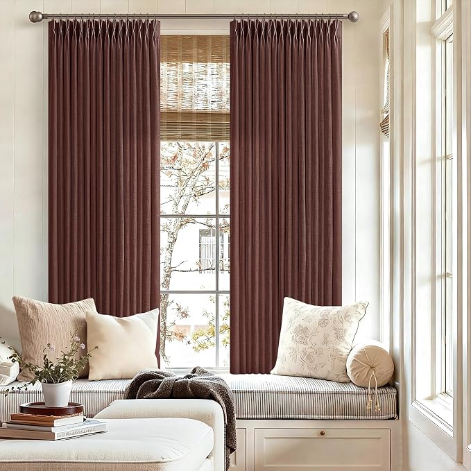 Short Linen Pleated Reddish Brown Semi Sheer Curtains 45 Inch Long 2 Panels | - Image 6