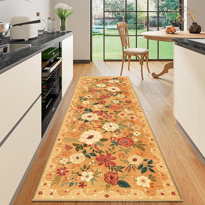 DUKINO 2x6 Runner Rug for Hallway, Washable Kitchen Rugs Non Slip, Floral by DUKINO