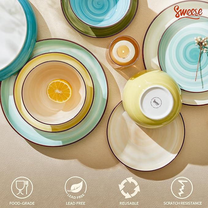 Sweese Plates and Bowls Sets, 18 Piece Dinnerware Set Porcelain Round Dinner Set for 6, Scratch Resistant Dishes Set, Dishwasher and Oven Microwave Safe Handpainted Swirl Dishware Sets, Assorted Green