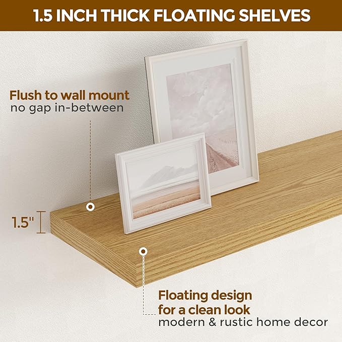 Fun Memories Rustic Wood Floating Shelves for Wall, 36 x 9 Wall Shelves Set of 2, Deep Floating Shelf for Kitchen, Living Room Storage & Display, Rustic Deep Bookshelf, Oak Color