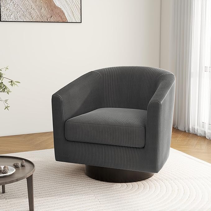 Swivel Barrel Accent Chair, Modern Round Corduroy Fabric Arm Chair for Living Room, Bedroom, Comfy Club Reading Chairs for Adults (Corduroy Grey, Set of 2)
