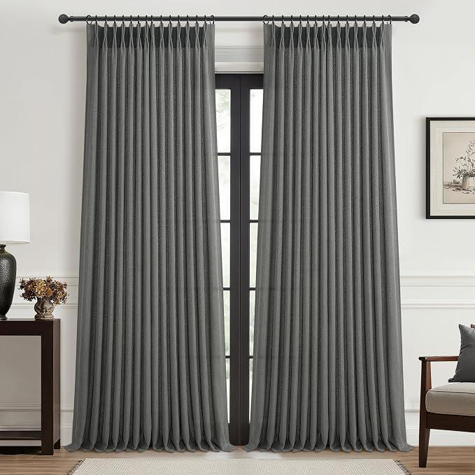 Natural Linen Semi Sheer Ceiling Curtains 102 Inches Long 2 Panels by PleatedDrapes