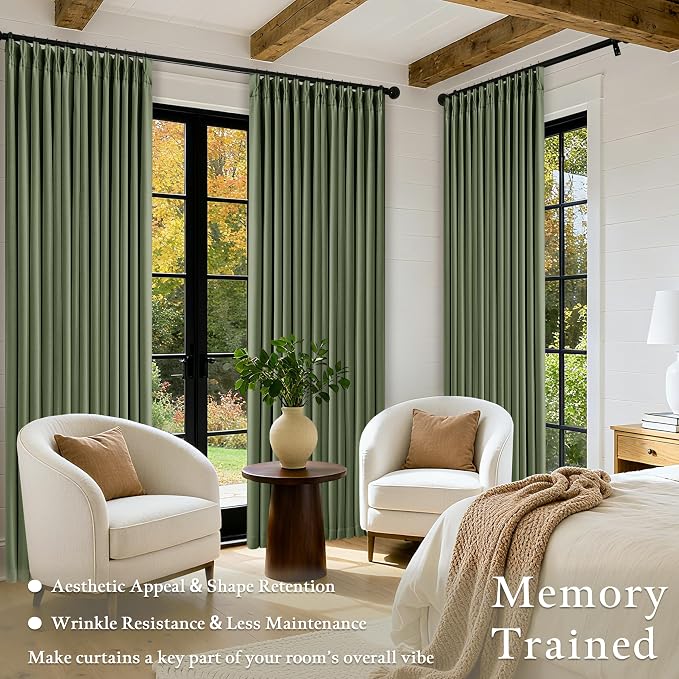 100 Inch Olive Green Linen Pinch Pleated Blackout Curtains - Image 4