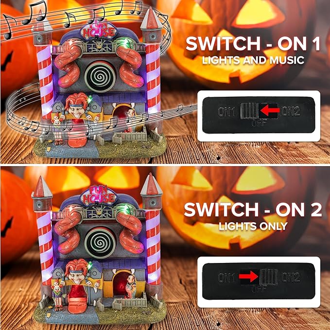 Carnival Funhouse Clown Theme Spooky Halloween Village Multi-Color LED Lights, Motion and Music 9.25" x 5.75" x 9.5"