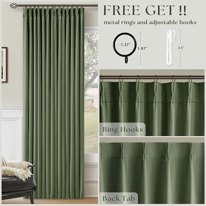 108 Inch Olive Green Linen Pinch Pleated Blackout Curtains Dual Layer | 100% - Image 5