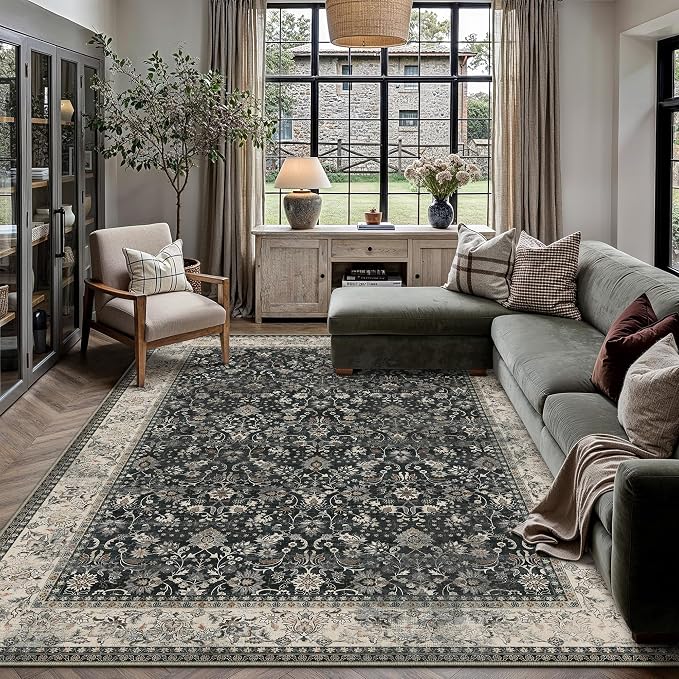 8x10 Black Beige Vintage Floral Washable Area Rug by HUGEAR