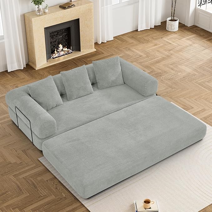 Convertible Sleeper Sofa Bed with Pillow, 4-in-1 Corduroy Folding Mattress Couch with Fixed-Shape Frame, Futon Fold Out Floor Sofa Cama Lounge Couch for Living Room Bedroom, Light Grey