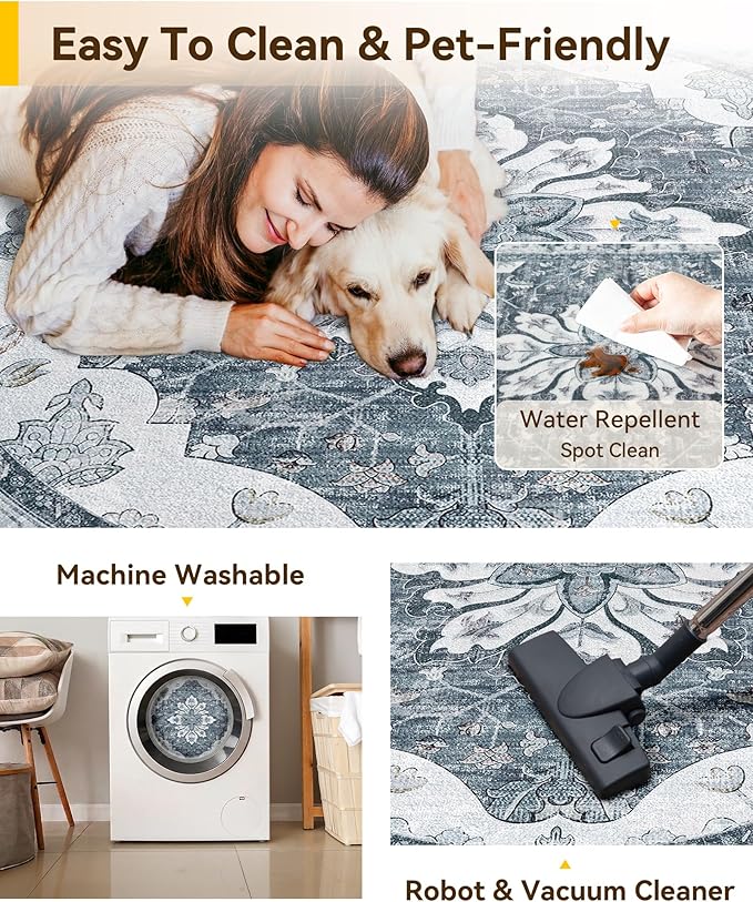 RELEANY Washable Area Rug, Round 4ft, Water Repellent, Pet Friendly, Vintage - Image 4