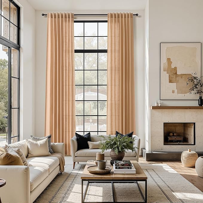 Nanspring Camel Linen Curtains for Living Room 92 Inches Long Back Tab and Rod - Image 6