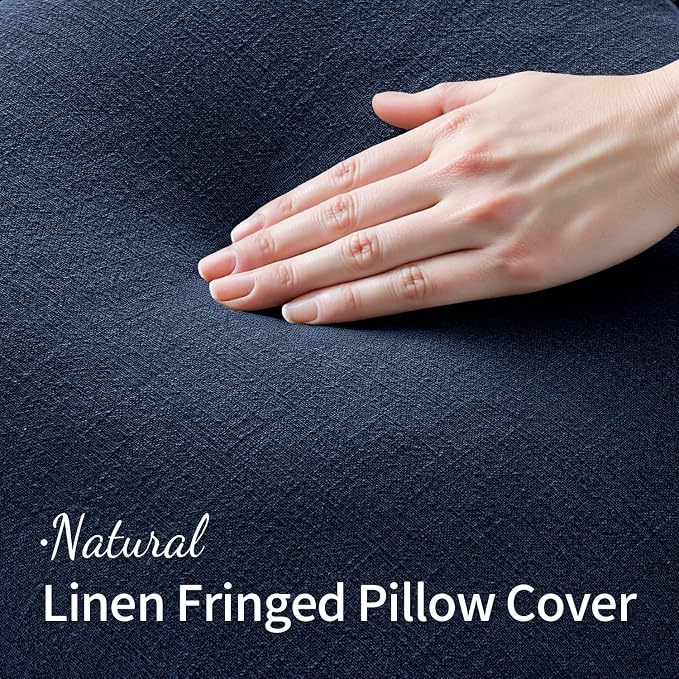 MIULEE Boho Linen Fringe Decorative Throw Pillow Covers Dark Navy 18x18 | Set - Image 2