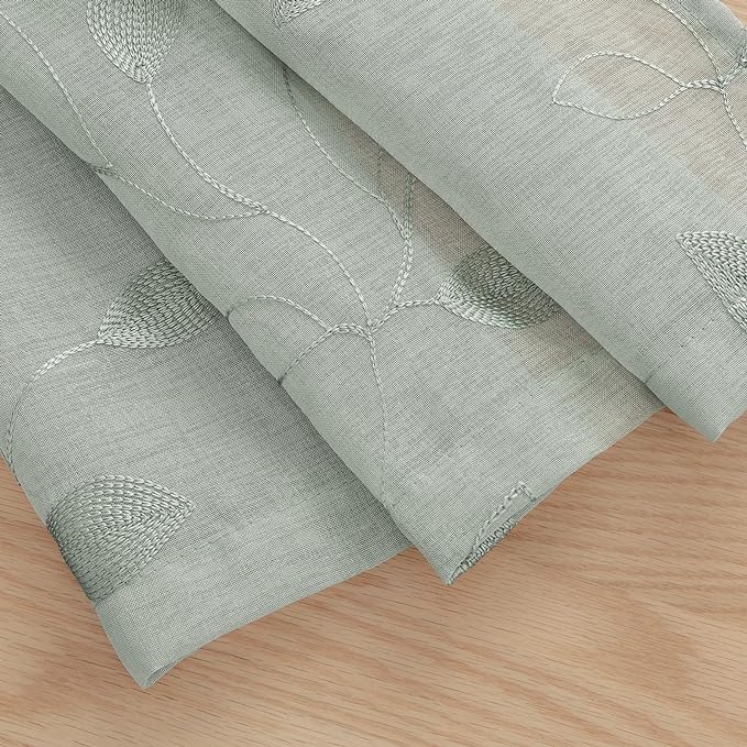 HOMEIDEAS Sage Green Sheer Curtains 52 x 54 Inch Length 2 Panels Embroidered - Image 6