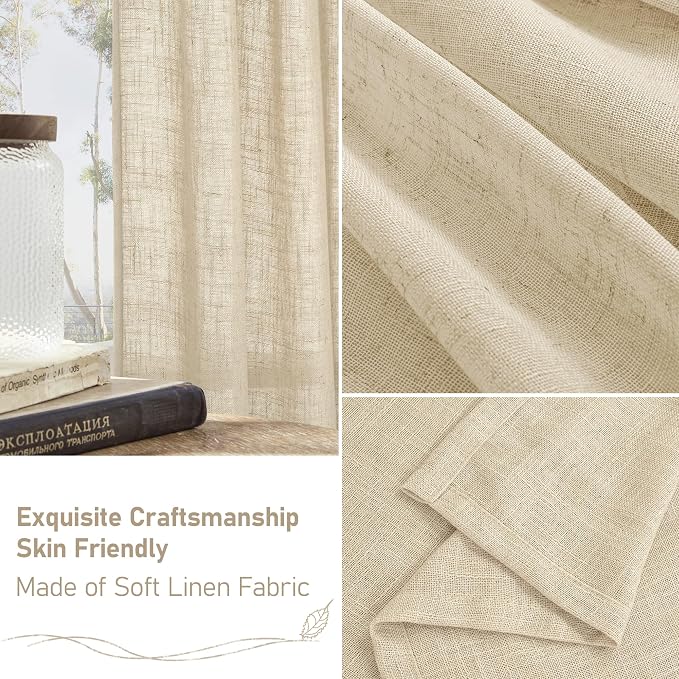 54 Inch Length Linen Curtains for Bedroom, Light Filtering Semi Sheer Neutral - Image 6