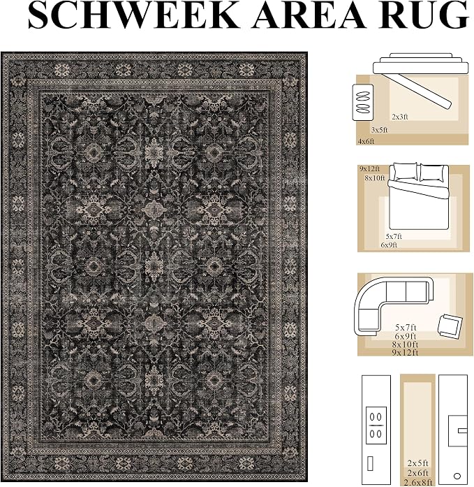Schweek 2.6x8 Runner Rugs Non Slip Vintage Floral Washable Runner Black | - Image 2