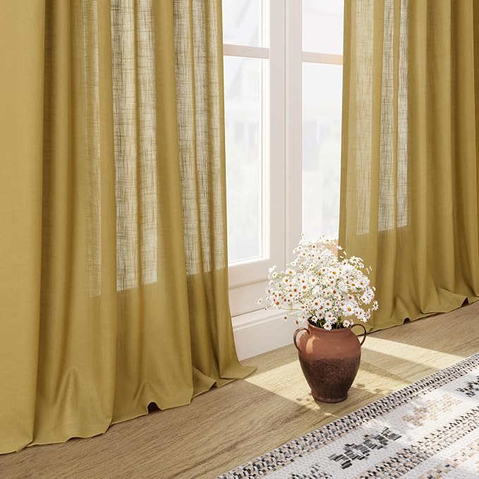 Gold Linen Curtains 102 Inches Long Rod Pocket Back Tab Drapes 2 Panels Set - Image 6