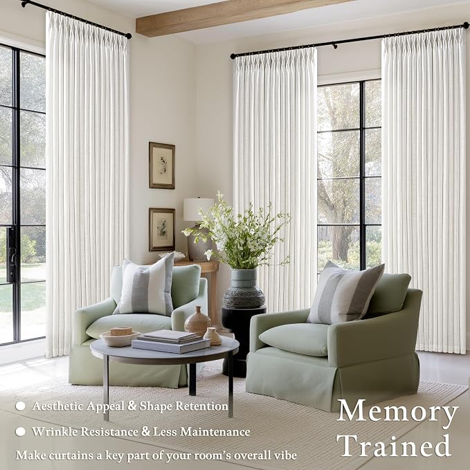 Beige White Pinch Pleated 96 Inch Memory Shaped Linen Blend Curtains 50x96 | - Image 2